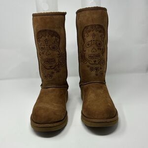 UGG Classic Tall Sugar Skull Day Of The Dead Suede Boots Chestnut Women 7 Rare